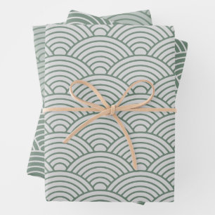 Japanese Seigaiha Wave   Sage green and Gray Wrapping Paper Sheets
