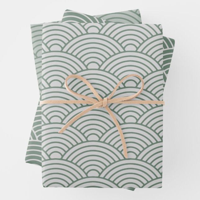 Japanese Seigaiha Wave | Sage green and Gray Wrapping Paper Sheets (In situ)