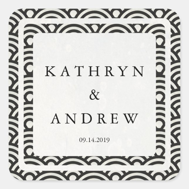 Japanese Seigaiha Waves Custom Names+Date Wedding Square Sticker (Front)
