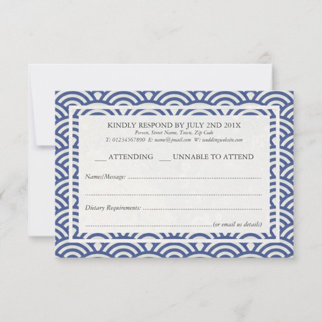 Japanese Seigaiha Waves Elegant Beach Wedding RSVP (Front)