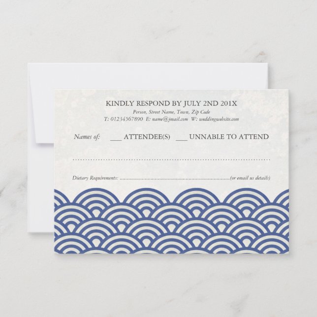 Japanese Seigaiha Waves Elegant Beach Wedding RSVP (Front)