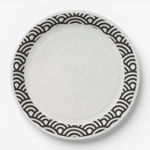 Japanese Seigaiha Waves Elegant Black + White Paper Plates
