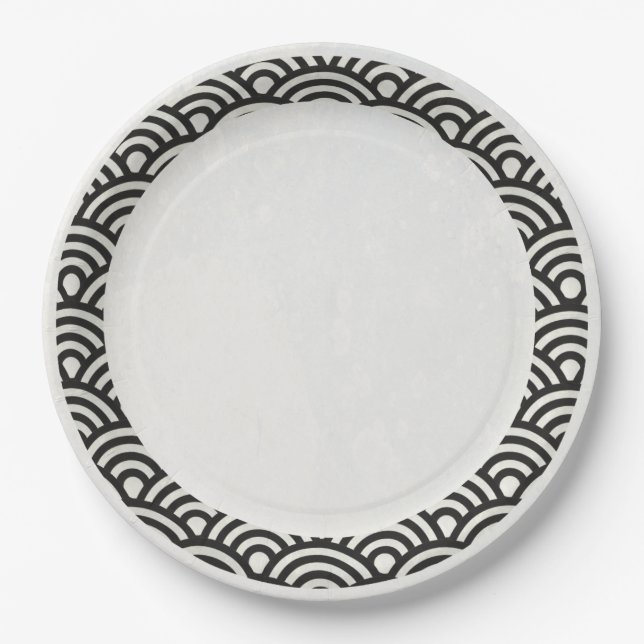 Japanese Seigaiha Waves Elegant Black + White Paper Plates (Front)