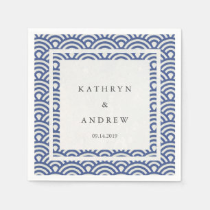 Japanese Seigaiha Waves Elegant Dark Blue + White Paper Napkins