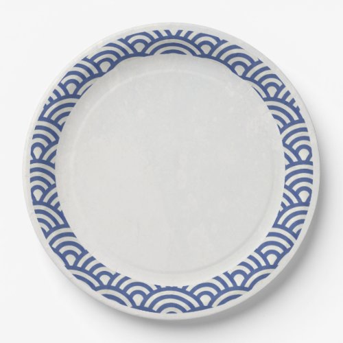 Japanese Seigaiha Waves Elegant Dark Blue  White Paper Plates