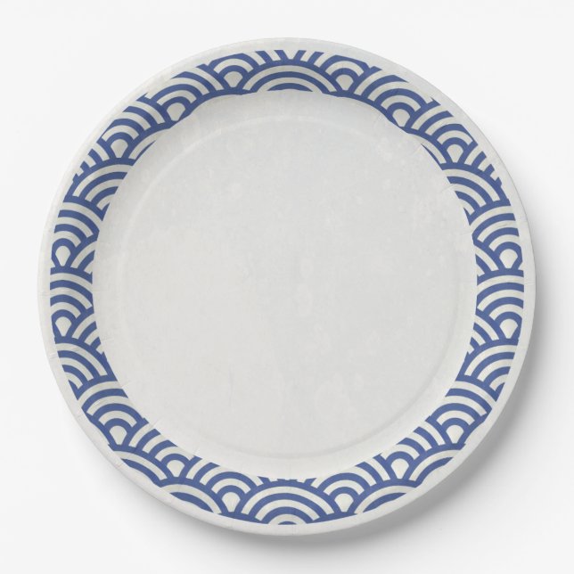 Japanese Seigaiha Waves Elegant Dark Blue + White Paper Plates (Front)