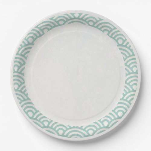 Japanese Seigaiha Waves Elegant Jade Green  White Paper Plates