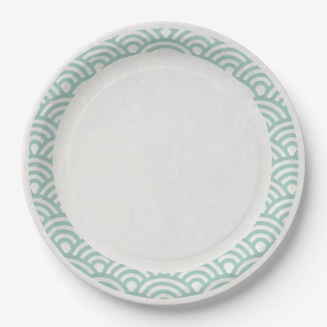 Japanese Seigaiha Waves Elegant Jade Green + White Paper Plates (Front)