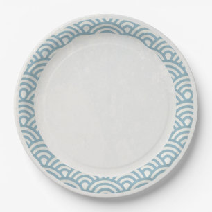 Japanese Seigaiha Waves Elegant Light Blue + White Paper Plates