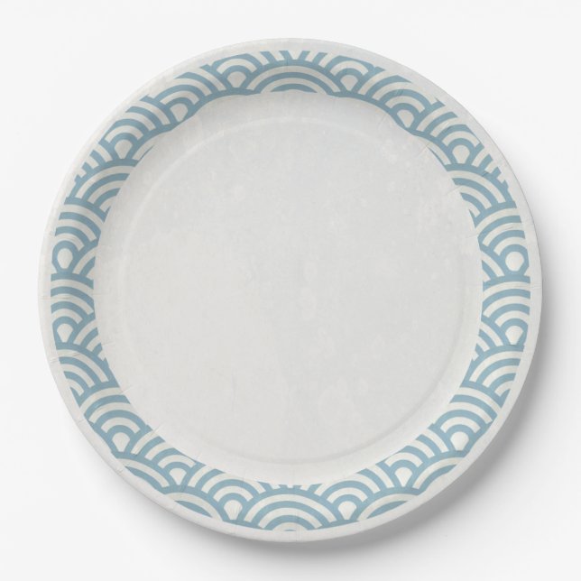 Japanese Seigaiha Waves Elegant Light Blue + White Paper Plates (Front)