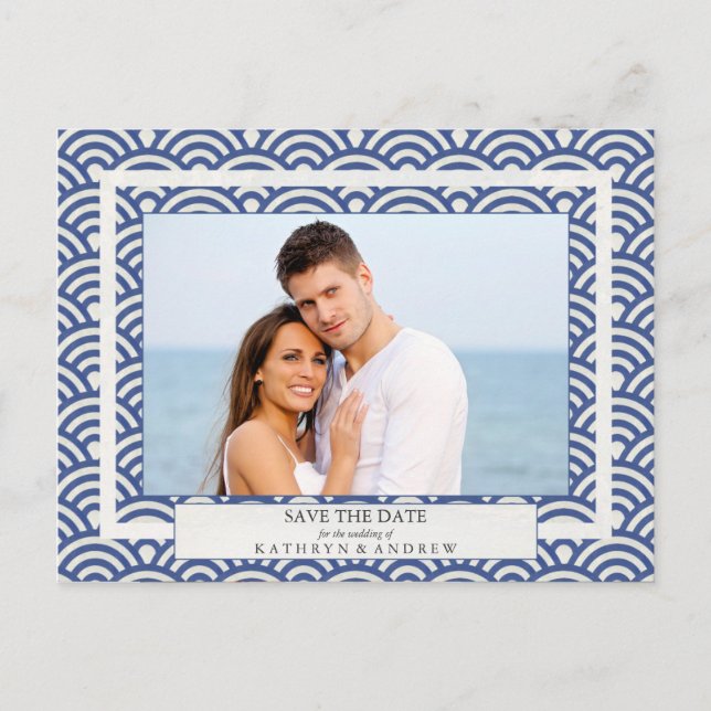 Japanese Seigaiha Waves Save The Date Photograph Announcement Postcard (Front)