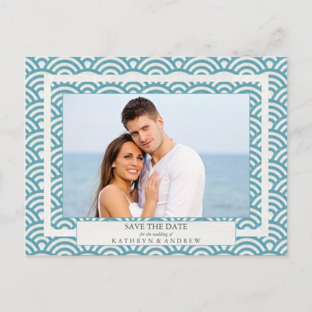 Japanese Seigaiha Waves Save The Date Photograph Announcement Postcard (Front)