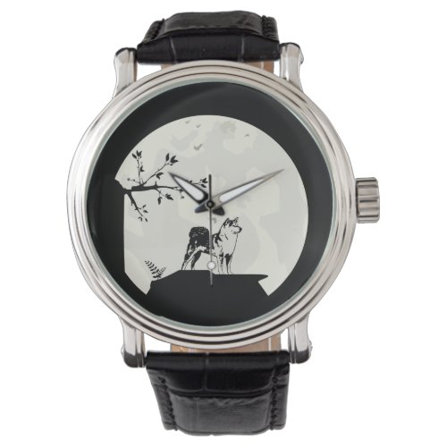 Japanese Shiba Inu Dog Full Moon Silhouette Watch