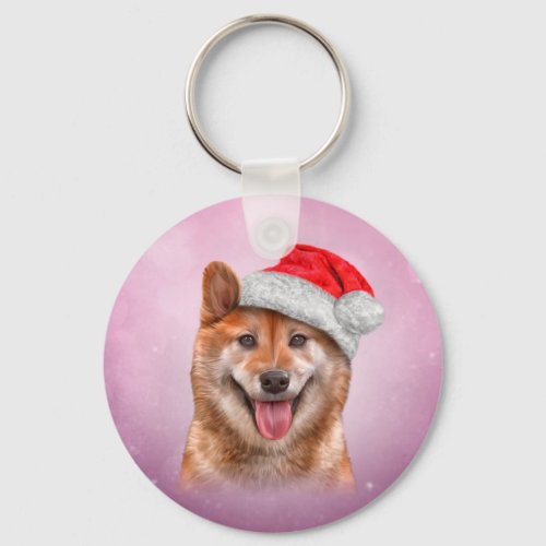 Japanese Shiba Inu dog in red hat of Santa Claus Keychain