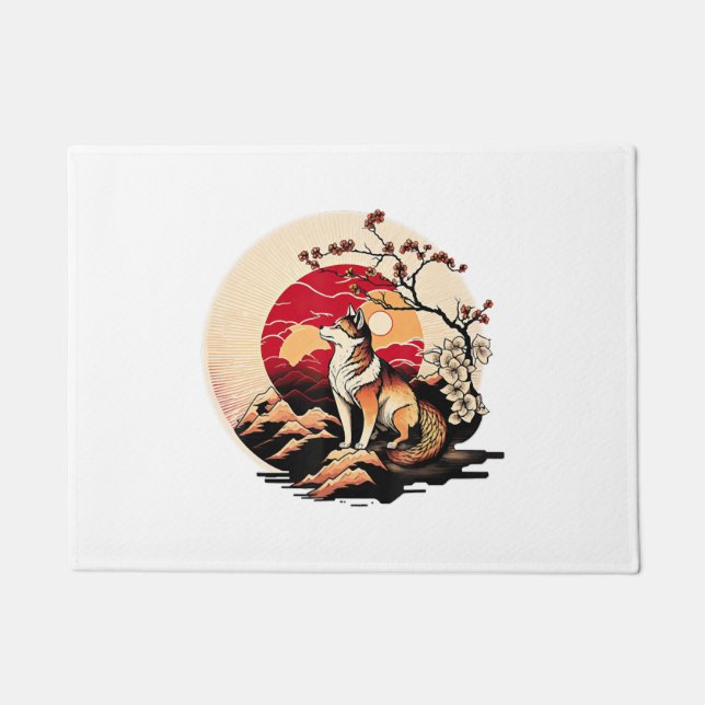 Japanese Shiba Inu Dog Sunset Ukiyo e Style Doormat (Front)
