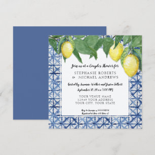 Japanese Shibori Blue n White Lemon Couples Shower Invitation