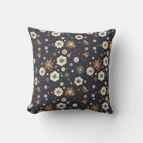 Japanese shibori navy blue and brown floral throw pillow