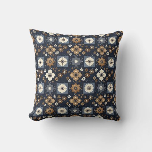 Japanese shibori navy blue and brown ornaments throw pillow