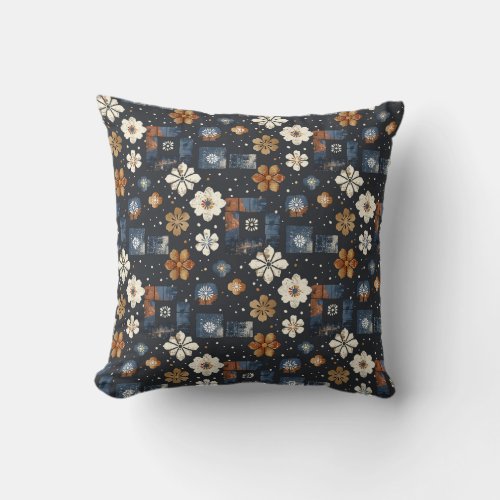 Japanese shibori navy blue terracotta brown floral throw pillow