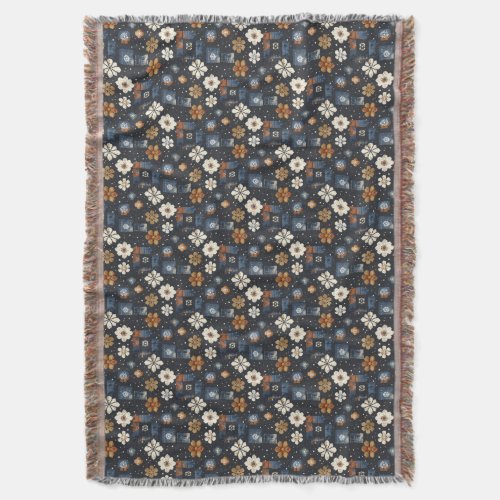 Japanese shibori watercolor navy terracotta floral throw blanket