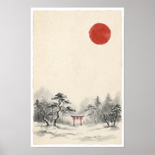 Japanese Shrine in Misty Forest Poster Red Sun I