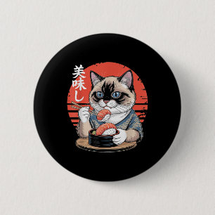 Japanese Siamese Cat Eating Sushi Kawaii Anime Cat Button