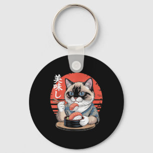 Japanese Siamese Cat Eating Sushi Kawaii Anime Cat Keychain