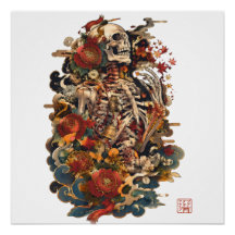 Japanese Skeleton Art | Gothic Floral Skull