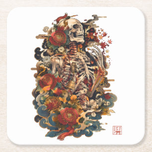 Japanese Skeleton Art Gothic Floral Skull Square Paper Coaster
