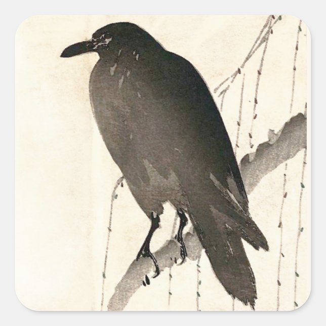 Japanese sketch of a raven square sticker (Front)