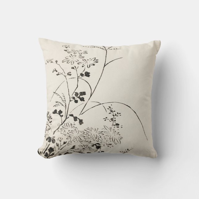 Japanese Sketched Floral  Throw Pillow (Front)