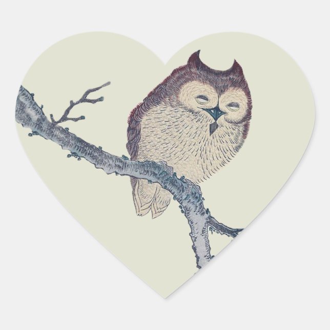 Japanese Sleeping Owl Night Artwork Heart Sticker (Front)