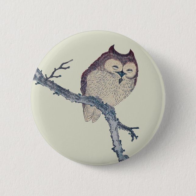Japanese Sleeping Owl Night Artwork Pinback Button (Front)