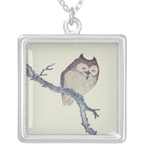 Japanese Sleeping Owl Night Artwork Silver Plated Necklace