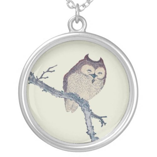Japanese Sleeping Owl Night Artwork Silver Plated Necklace