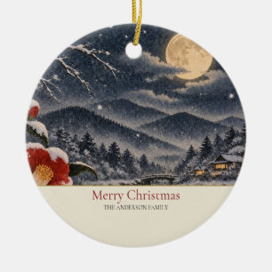 Japanese Snow Moon Red Camellia Family Name Ceramic Ornament