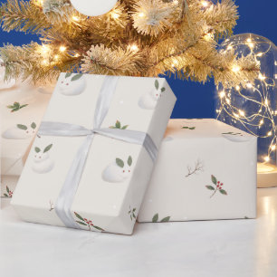 Japanese Snow Rabbit & Nanten Winter Watercolor Wrapping Paper