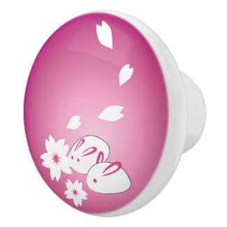 Japanese Snow Rabbits and Sakura Ceramic Knob