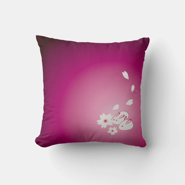 Japanese Snow Rabbits and Sakura Throw Pillow (Front)