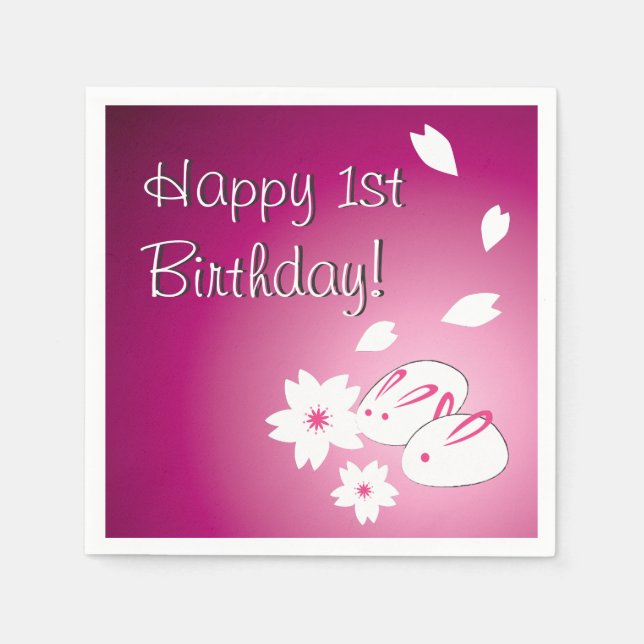 Japanese Snow Rabbits & Sakura 1st Birthday Napkins (Front)