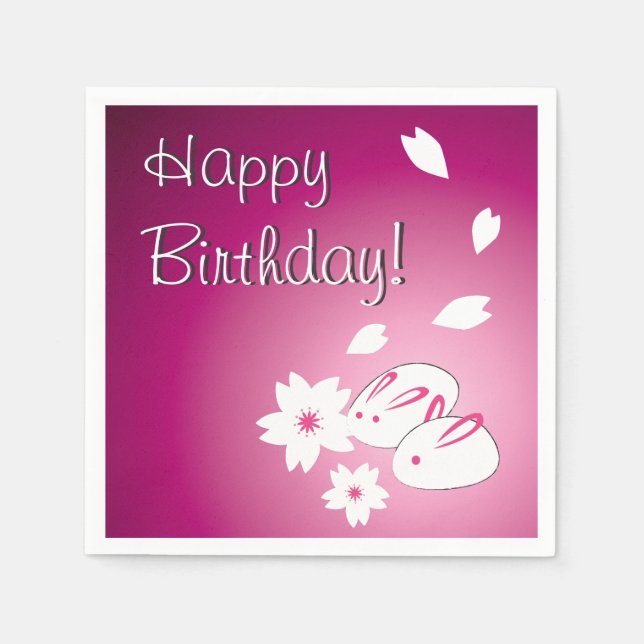 Japanese Snow Rabbits & Sakura Birthday Paper Napkins (Front)