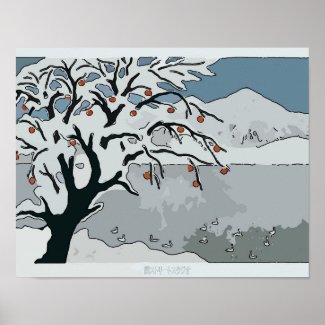 Japanese Snow, Tree & Mountain Poster