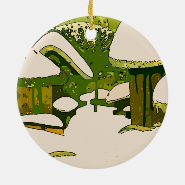 Japanese Snow Village  Print Ceramic Ornament (Back)