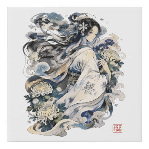 Japanese Snow Woman Art Winter Yokai In Kimono Faux Canvas Print