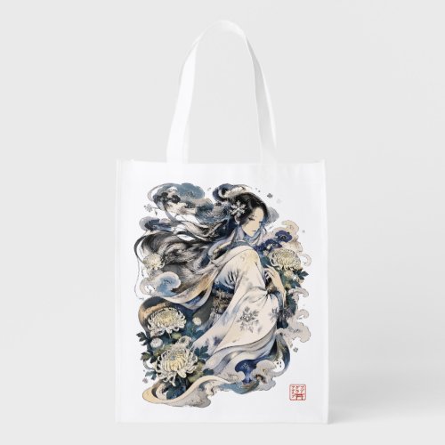 Japanese Snow Woman Art | Winter Yokai In Kimono Grocery Bag