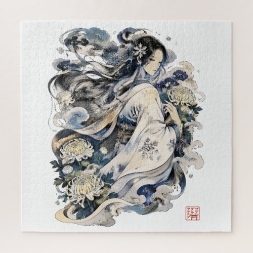 Japanese Snow Woman Art | Winter Yokai In Kimono Jigsaw Puzzle