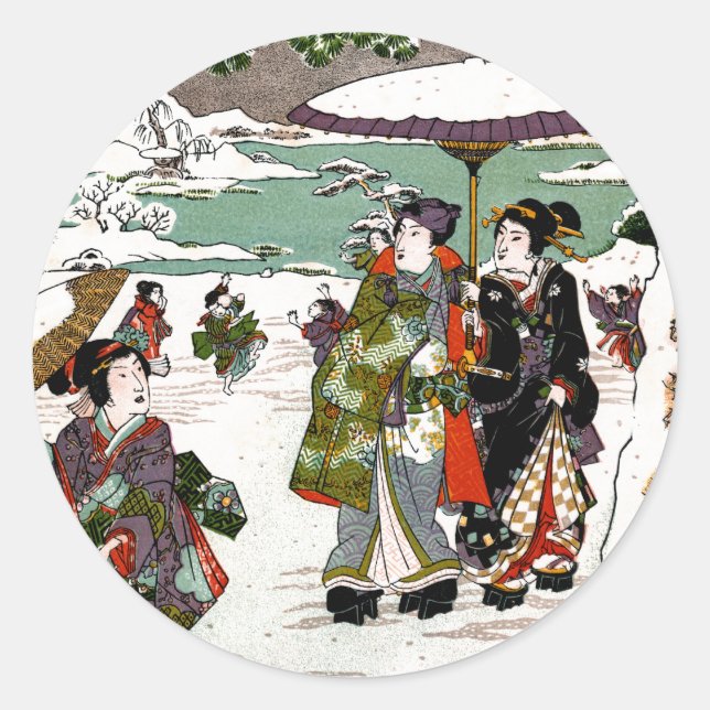 Japanese Snowscape Classic Round Sticker (Front)