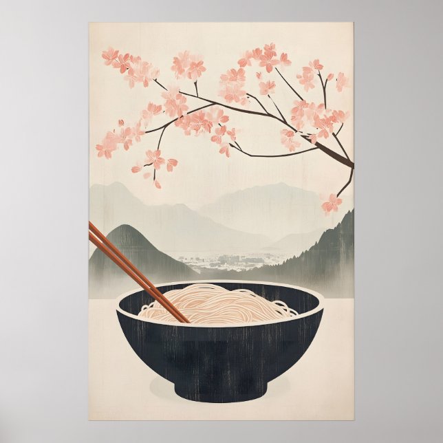 Japanese Soba Noodles Poster with Cherry Blossom (Front)