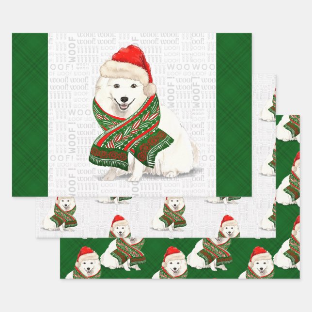 Japanese Spitz Christmas Dog and Green Plaid Wrapping Paper Sheets (Set)