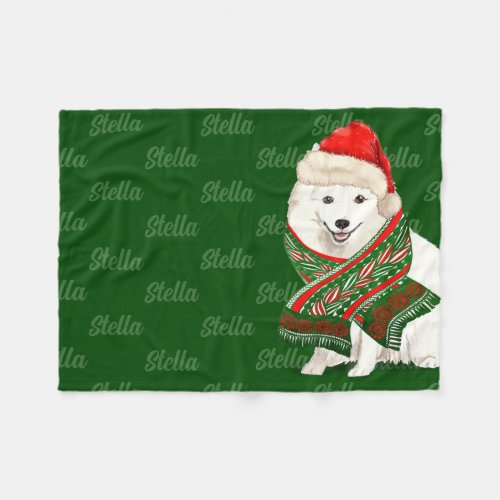 Japanese Spitz Christmas Dog with Name Fleece Blanket